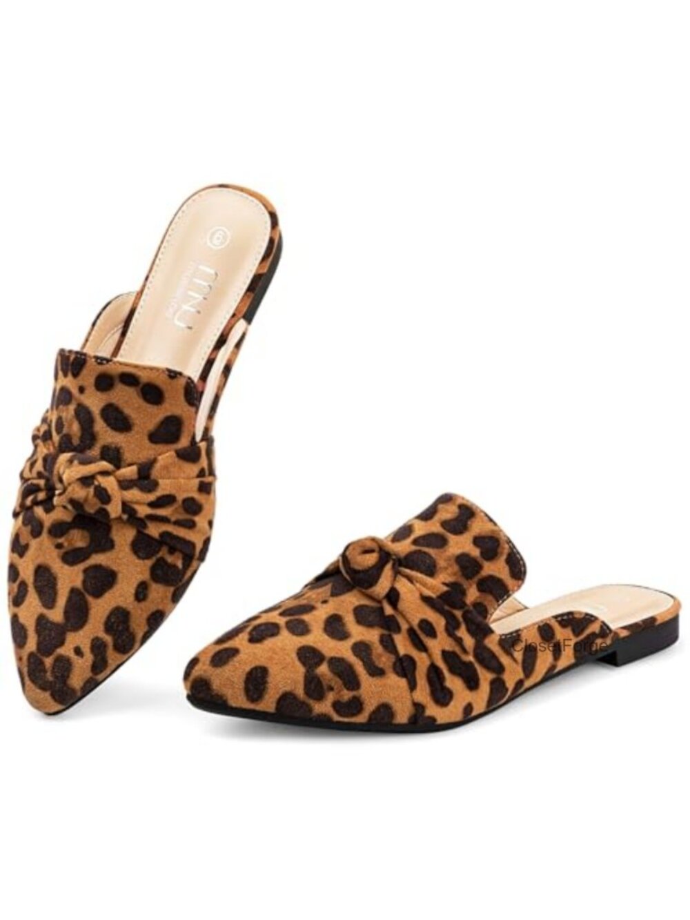 Leopard Bow Knot Mules for Women - Pointed Toe Backless Slip On Flats with